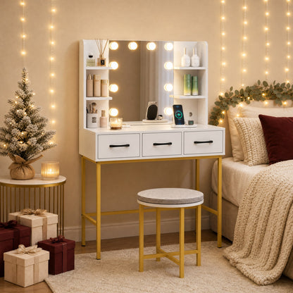 Vanity Desk with Lights & Charging Station, White & Gold Makeup Vanity with Chair