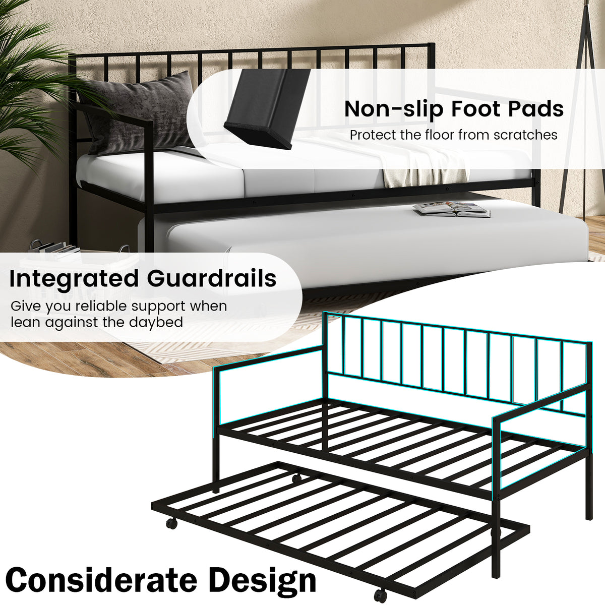 Daybed with Trundle Twin Size, Space-Saving Sofa Bed Frame with Rolling Pull-Out Bed
