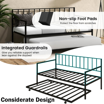 Daybed with Trundle Twin Size, Space-Saving Sofa Bed Frame with Rolling Pull-Out Bed