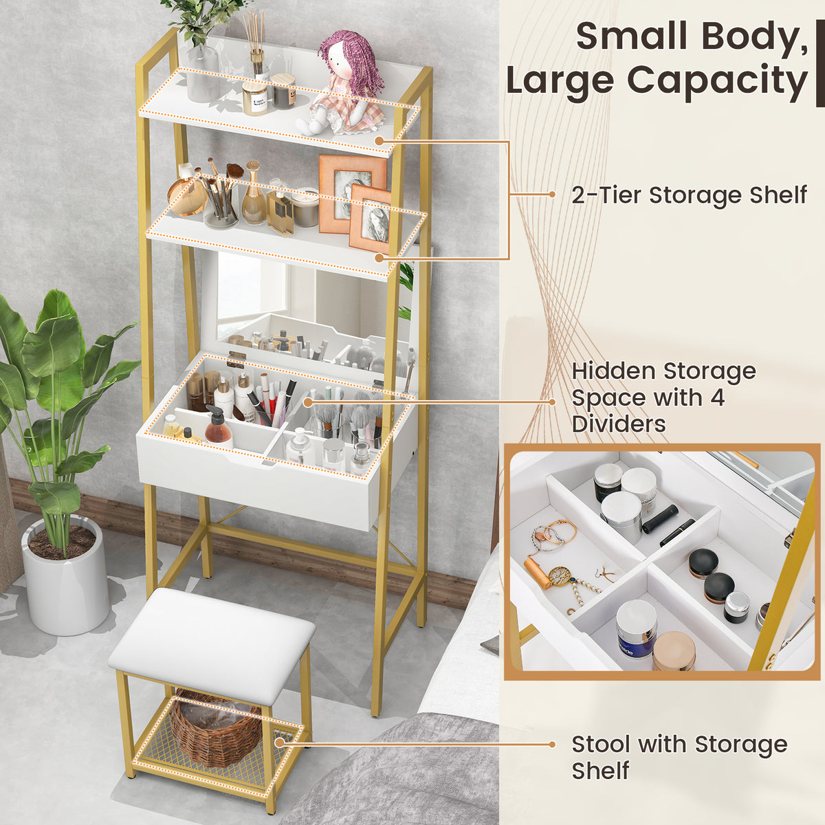 Vanity Table Set with Flip Top Mirror, Ladder Vanity Desk and Cushioned Stool Set with Shelves and Hidden Storage Compartments