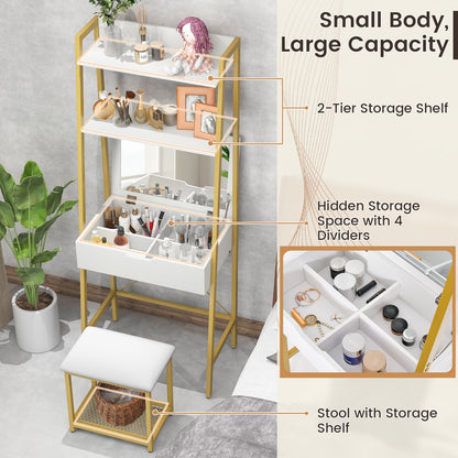 Vanity Table Set with Flip Top Mirror, Ladder Vanity Desk and Cushioned Stool Set with Shelves and Hidden Storage Compartments