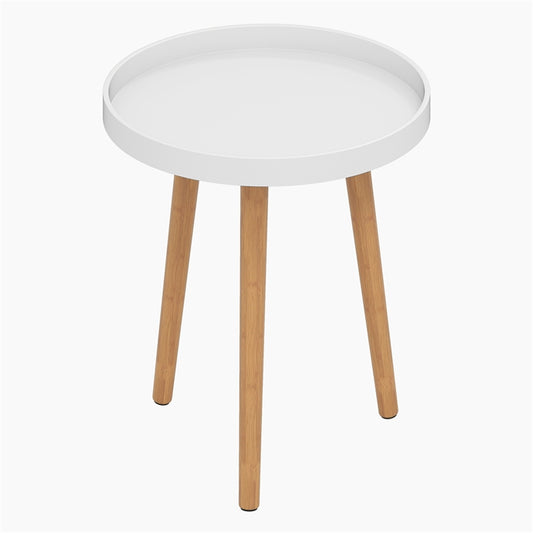 Round End Table, Wood Sofa Side Table with Tray Top & Bamboo Legs, Mid Century Modern Accent Table