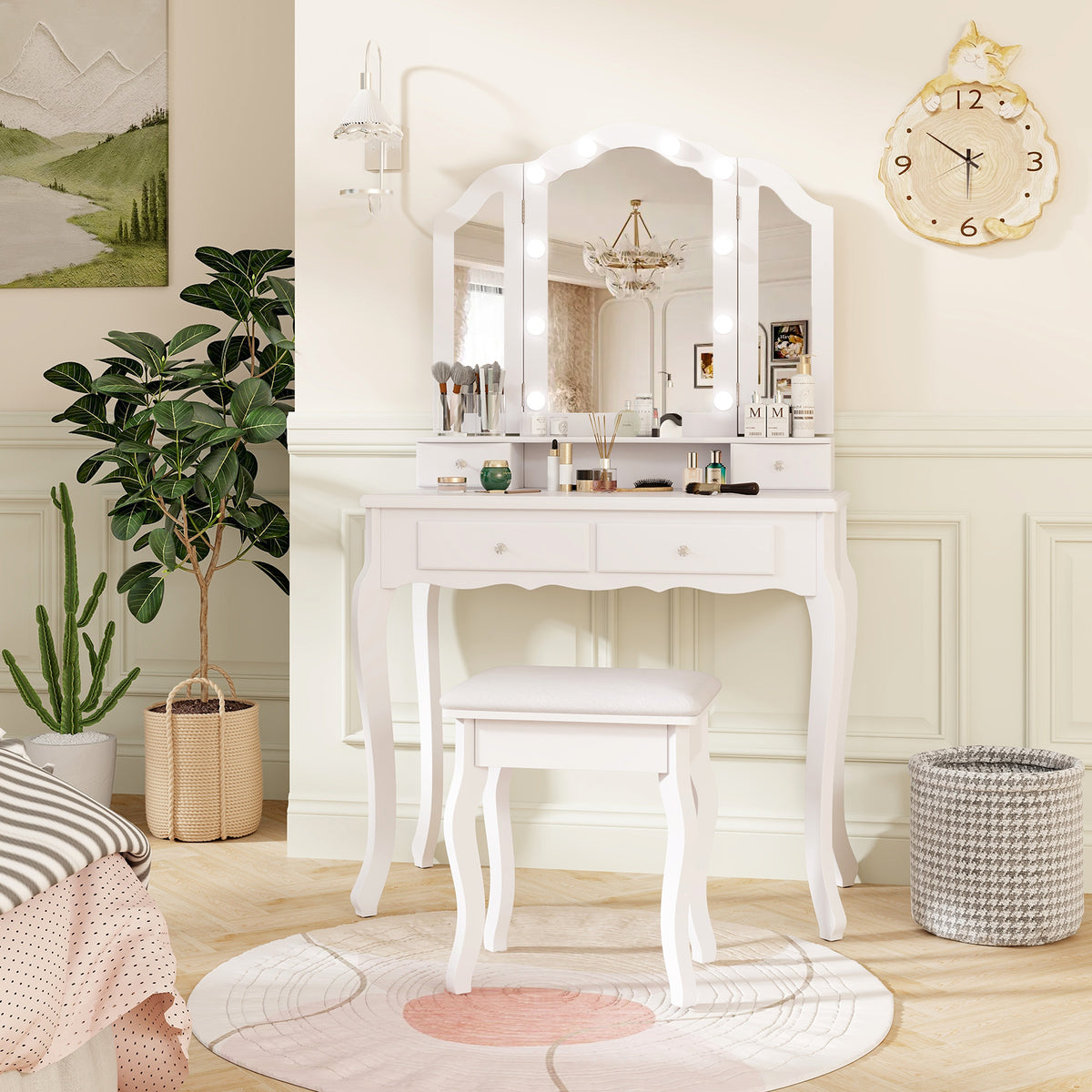 Makeup Vanity Set with Tri-Fold Mirror & Dimmable Lights, Vanity Desk and Cushioned Stool Set with 4 Drawers
