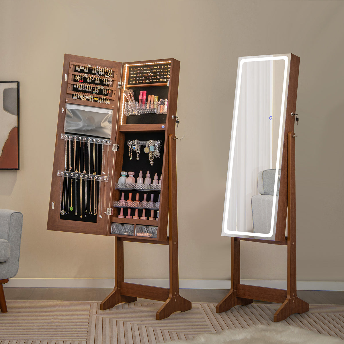 Jewelry Cabinet Armoire with Full Length Mirror, Freestanding Jewelry Cabinet with 3-Color LED Lights