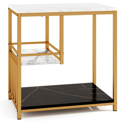 Faux Marble End Table, 3-Tier Sofa Side Table with Storage Shelves, Golden Polished Steel Frame