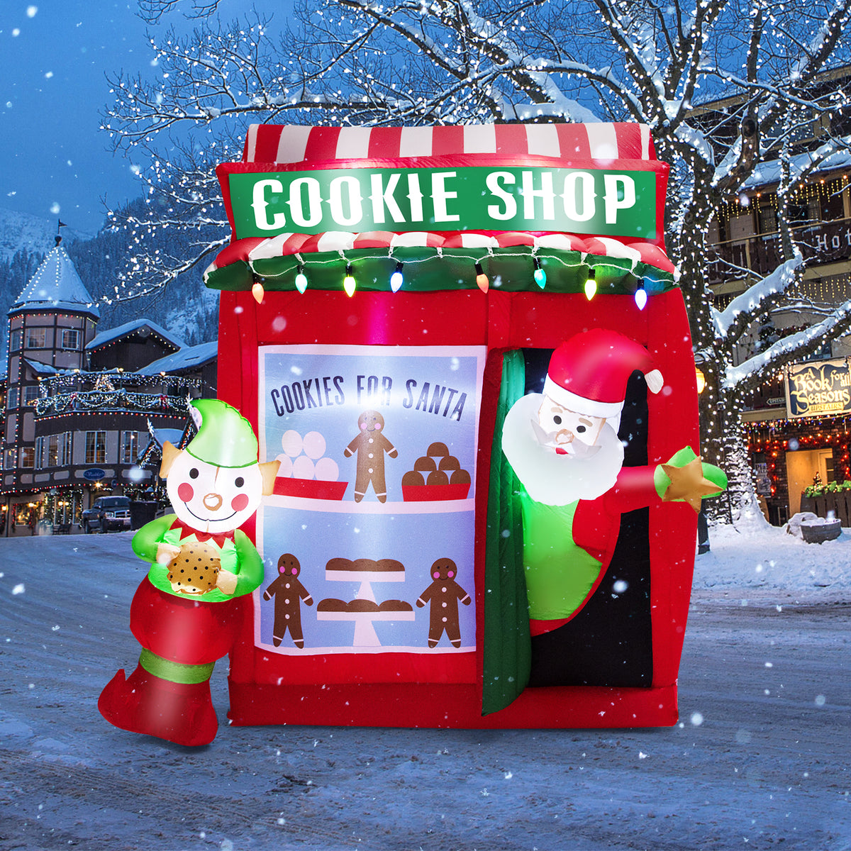 6.5 FT Christmas Inflatable Santa Claus, Outdoor Self-Inflatable Holiday Decoration with Cookie Shop