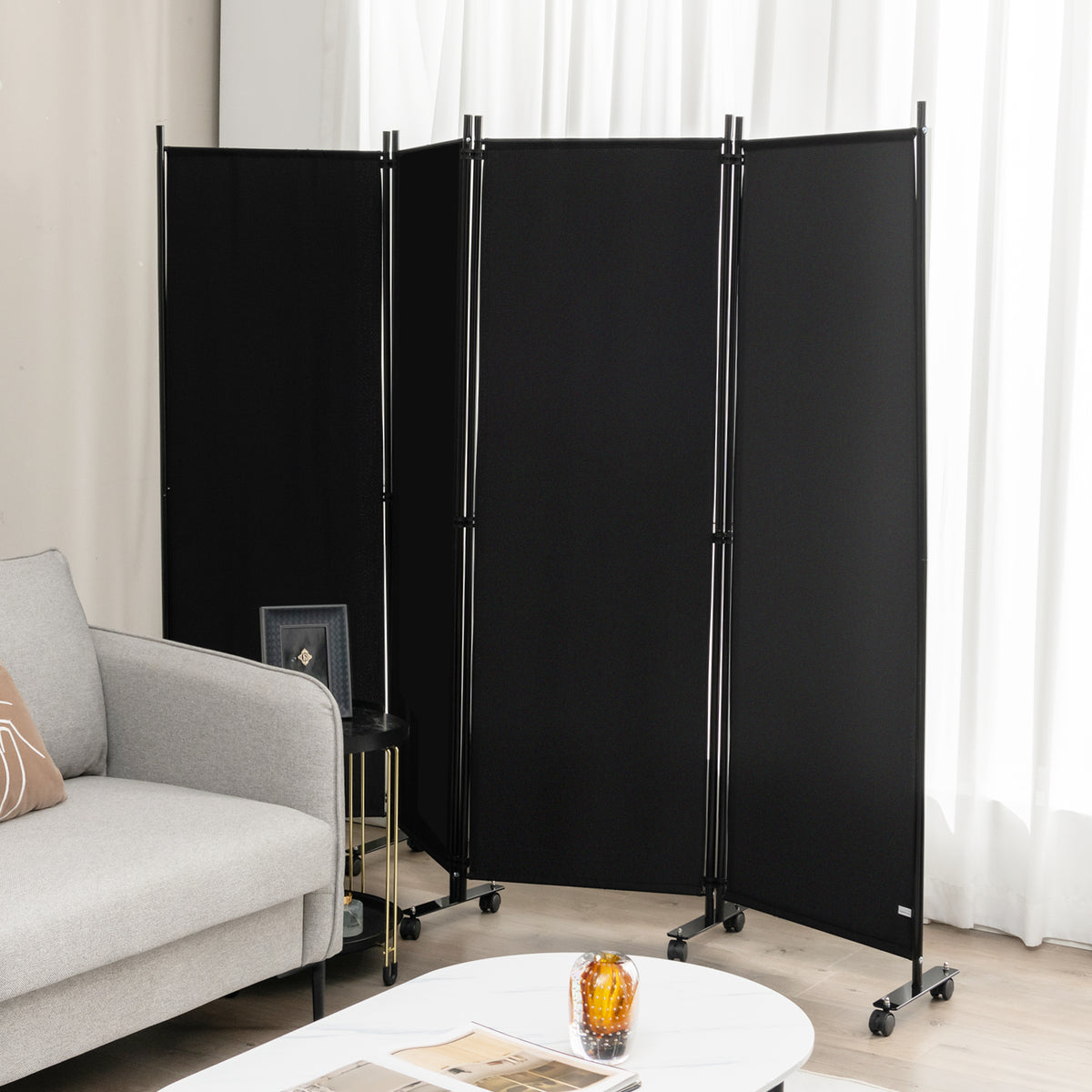 4 Panel Folding Room Divider, 6FT Rolling Privacy Screen with Lockable Wheels