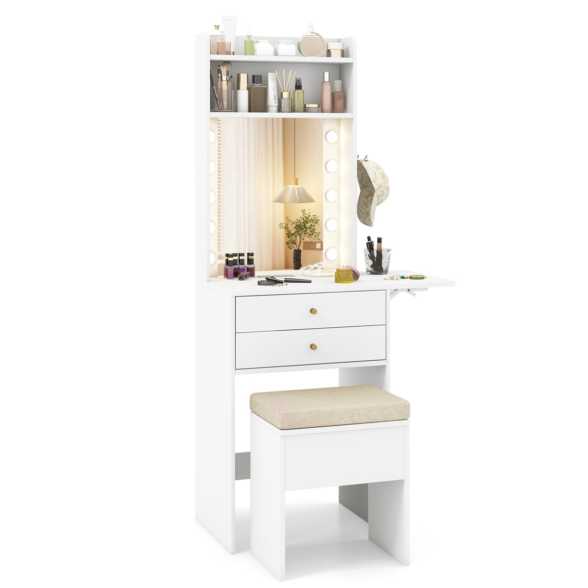 Small Makeup Vanity Set with Mirror and Lights, Modern Compact Vanity Desk Set with Charging Station