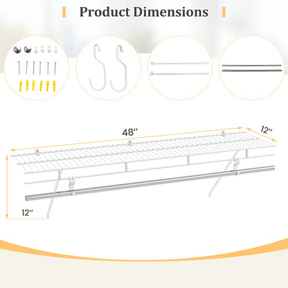 Wall Mounted Closet Shelf with Hanging Rod, 4 ft x 12” Metal Wire Storage Shelf & Clothes Rod Organizer