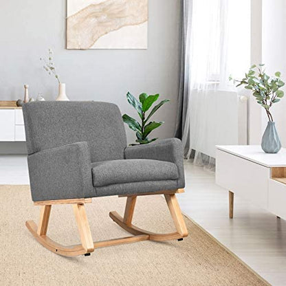 Goflame Upholstered Rocking Chair with Fabric Padded Seat and Solid Wood Base