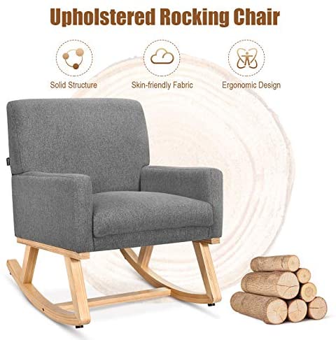 Goflame Upholstered Rocking Chair with Fabric Padded Seat and Solid Wood Base