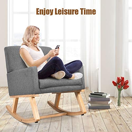Goflame Upholstered Rocking Chair with Fabric Padded Seat and Solid Wood Base