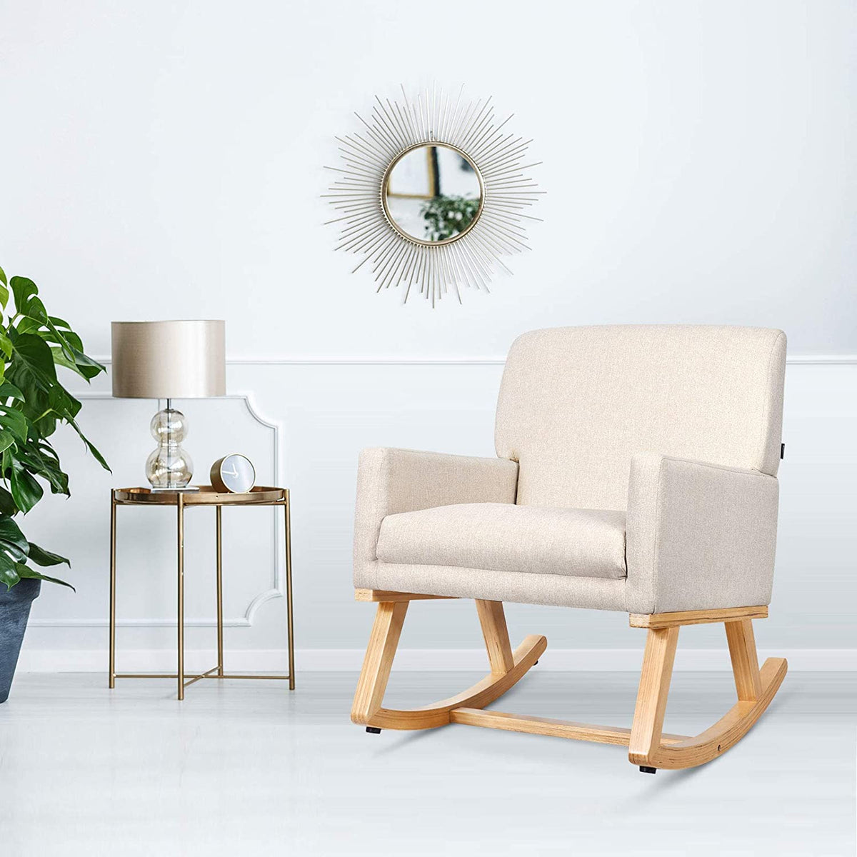 Goflame Upholstered Rocking Chair with Fabric Padded Seat and Solid Wood Base