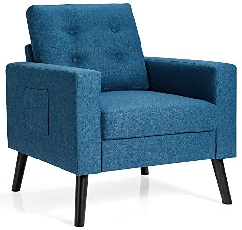 Goflame Linen Fabric Armchairs with Side Pockets and Wood Legs, Set of 2