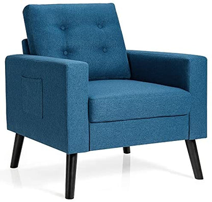 Goflame Linen Fabric Armchairs with Side Pockets and Wood Legs, Set of 2