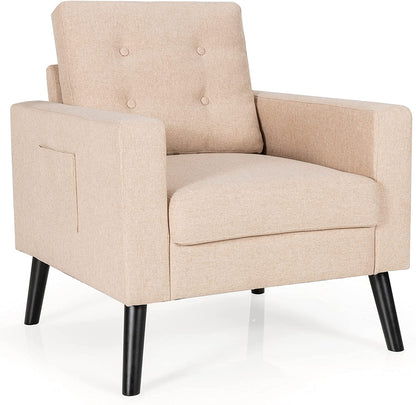 Goflame Linen Fabric Armchairs with Side Pockets and Wood Legs, Set of 2
