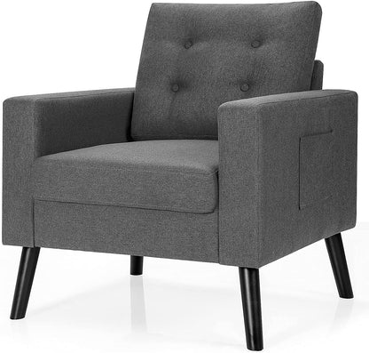 Goflame Linen Fabric Armchairs with Side Pockets and Wood Legs, Set of 2