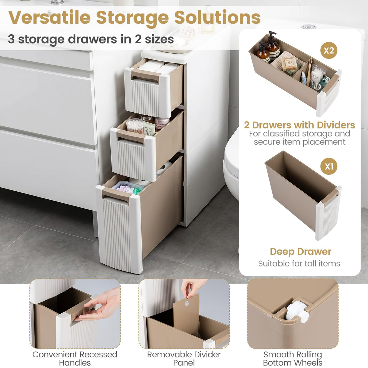 Goflame 3/4-Tier Narrow Storage Cabinet with Wheels for Small Spaces Bathroom Kitchen