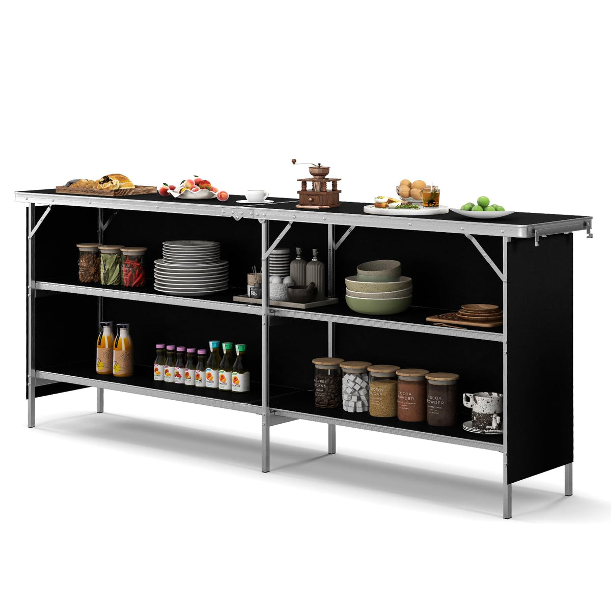 GOFLAME Folding Camping Table Aluminum Portable Picnic Table w/ 2-Tier Open Shelves & Spacious Tabletop