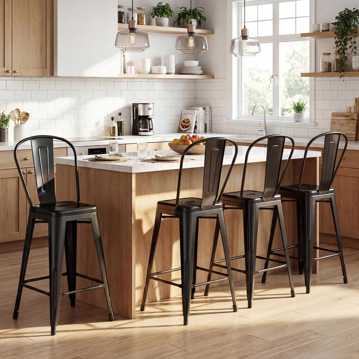 Goflame 24" Metal Bar Stools Set of 4 w/Removable Back & Integrated Footrest