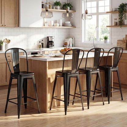 Goflame 24" Metal Bar Stools Set of 4 w/Removable Back & Integrated Footrest