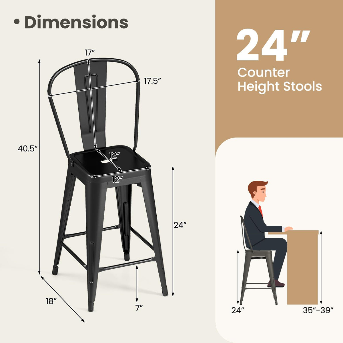 Goflame 24" Metal Bar Stools Set of 4 w/Removable Back & Integrated Footrest