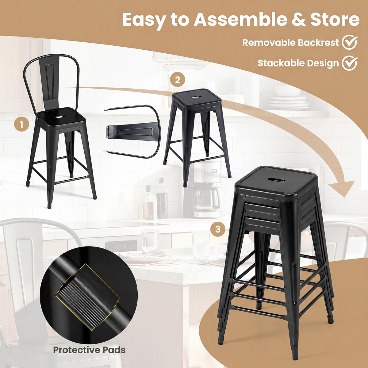Goflame 24" Metal Bar Stools Set of 4 w/Removable Back & Integrated Footrest