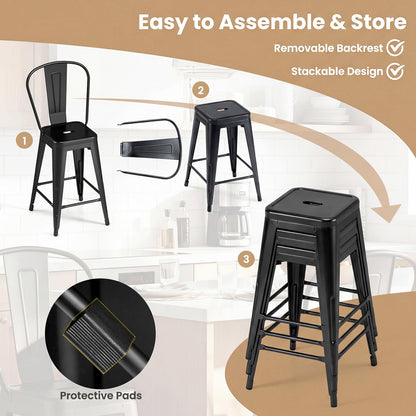 Goflame 24" Metal Bar Stools Set of 4 w/Removable Back & Integrated Footrest