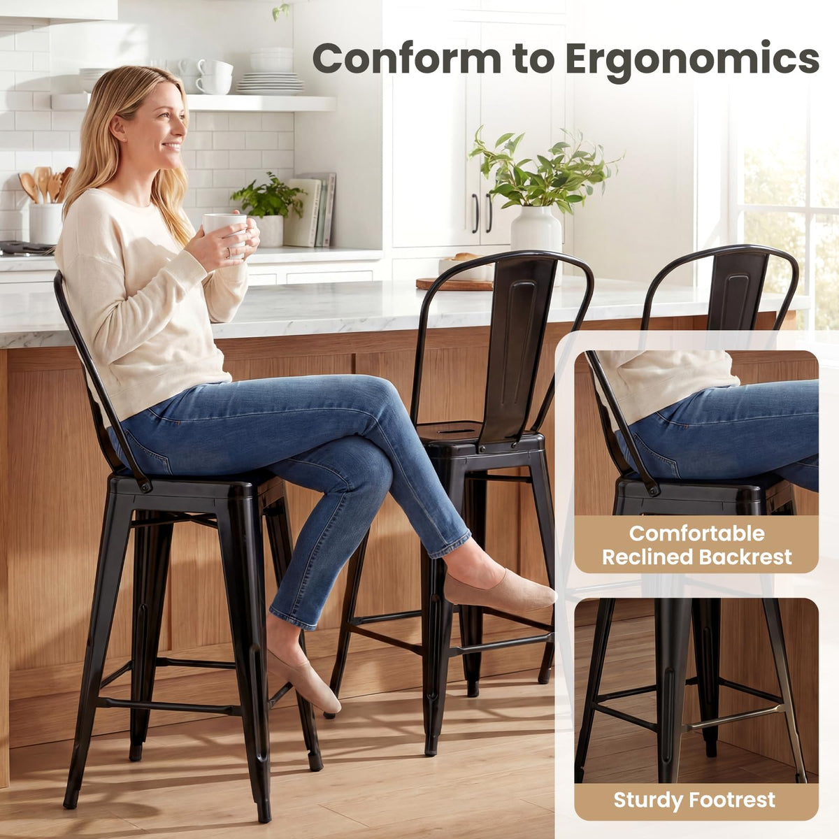 Goflame 24" Metal Bar Stools Set of 4 w/Removable Back & Integrated Footrest