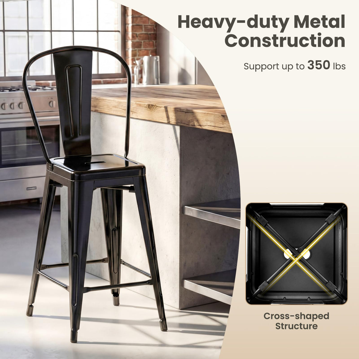 Goflame 24" Metal Bar Stools Set of 4 w/Removable Back & Integrated Footrest