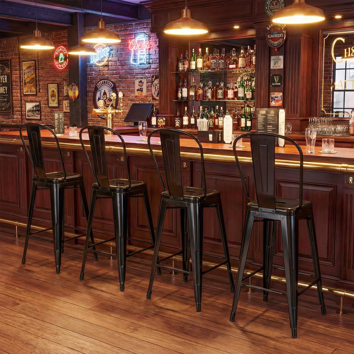 Goflame 24" Metal Bar Stools Set of 4 w/Removable Back & Integrated Footrest