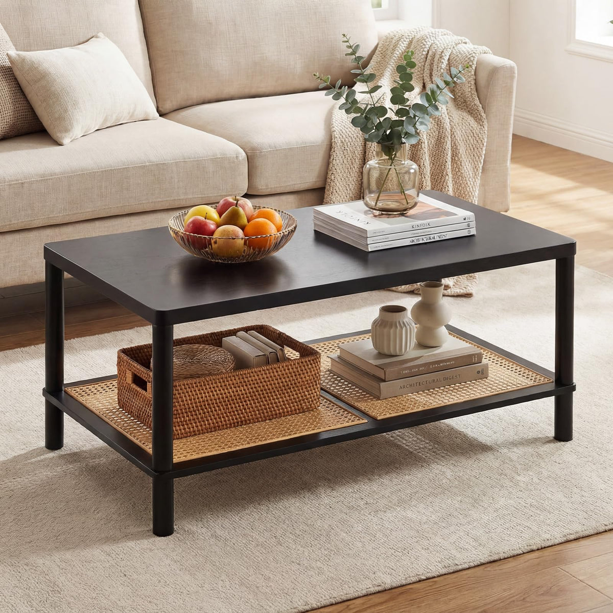 Goflame Rattan Coffee Table with Rubber Wood Frame & PVC Rattan Storage Shelf