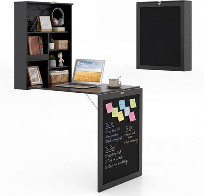 Goflame Foldable Wall Mounted Desk with Storage Shelves Hooks & Chalkboard