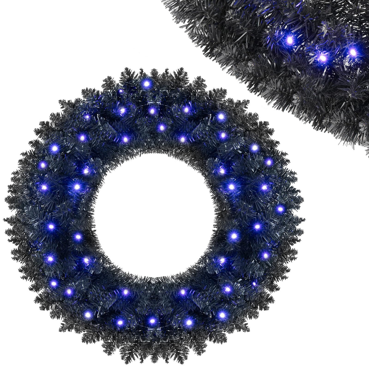 GOFLAME 24” Black Halloween Wreath with 35 Purple LED Lights for Front Door