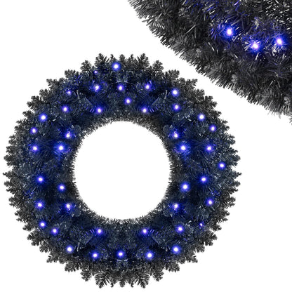 GOFLAME 24” Black Halloween Wreath with 35 Purple LED Lights for Front Door
