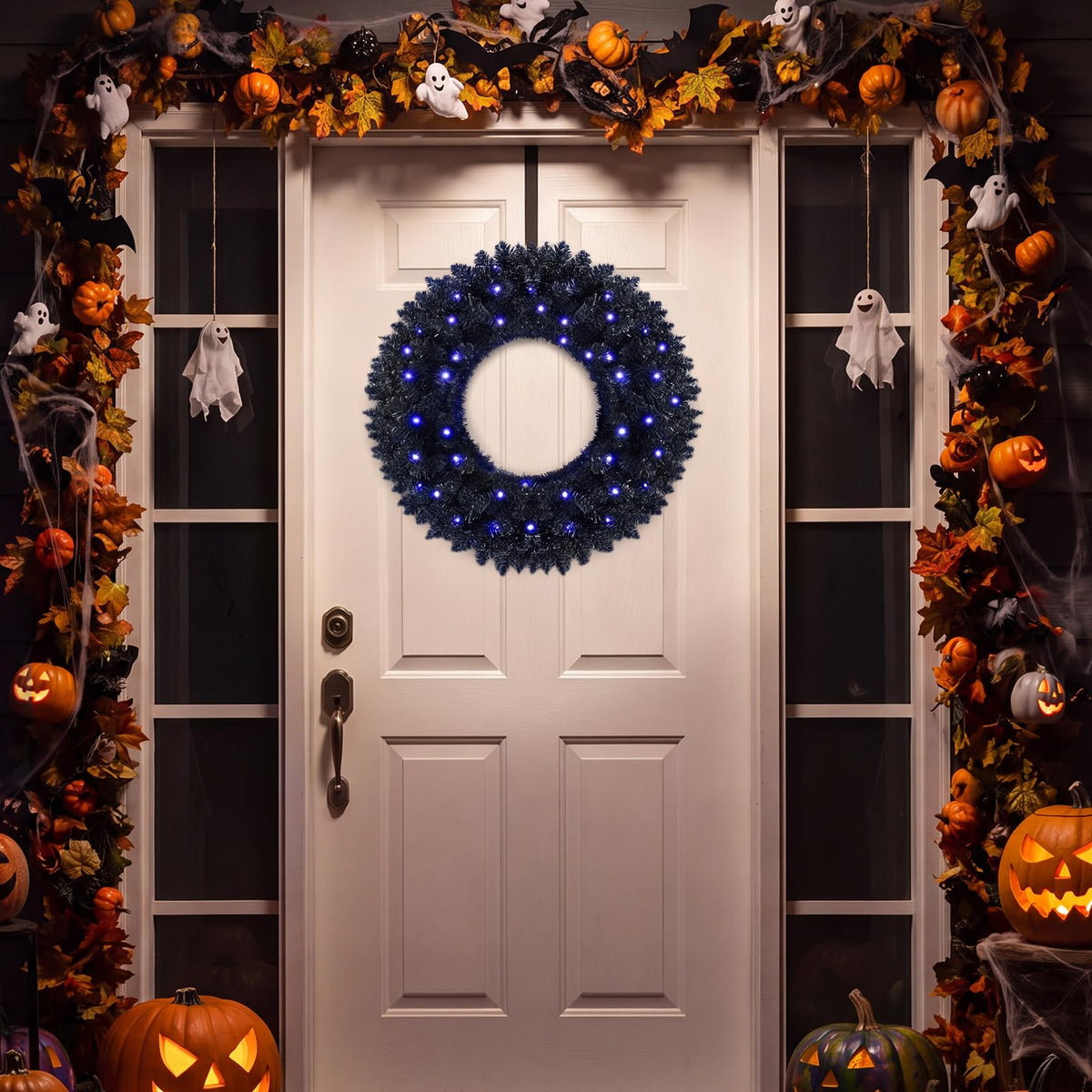 GOFLAME 24” Black Halloween Wreath with 35 Purple LED Lights for Front Door