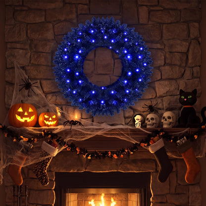 GOFLAME 24” Black Halloween Wreath with 35 Purple LED Lights for Front Door