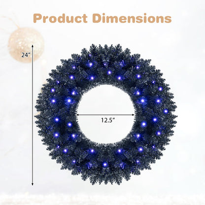 GOFLAME 24” Black Halloween Wreath with 35 Purple LED Lights for Front Door