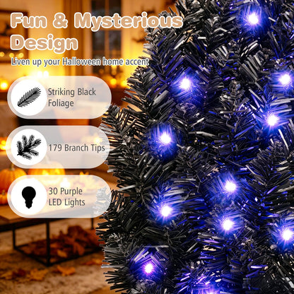 GOFLAME 24” Black Halloween Wreath with 35 Purple LED Lights for Front Door
