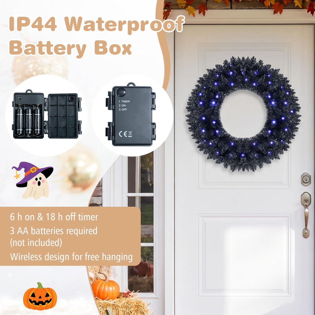 GOFLAME 24” Black Halloween Wreath with 35 Purple LED Lights for Front Door