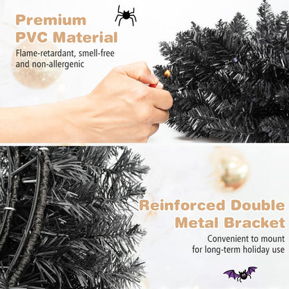 GOFLAME 24” Black Halloween Wreath with 35 Purple LED Lights for Front Door