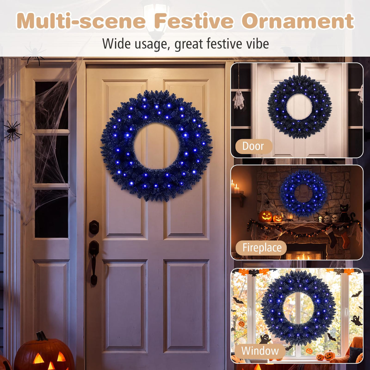 GOFLAME 24” Black Halloween Wreath with 35 Purple LED Lights for Front Door