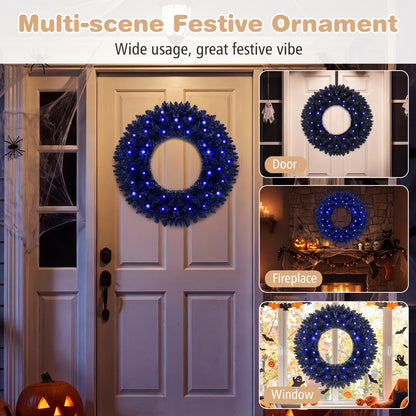 GOFLAME 24” Black Halloween Wreath with 35 Purple LED Lights for Front Door