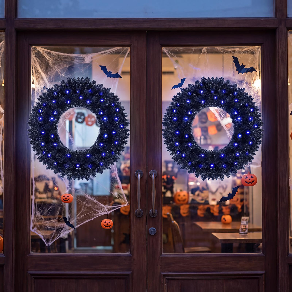 GOFLAME 24” Black Halloween Wreath with 35 Purple LED Lights for Front Door
