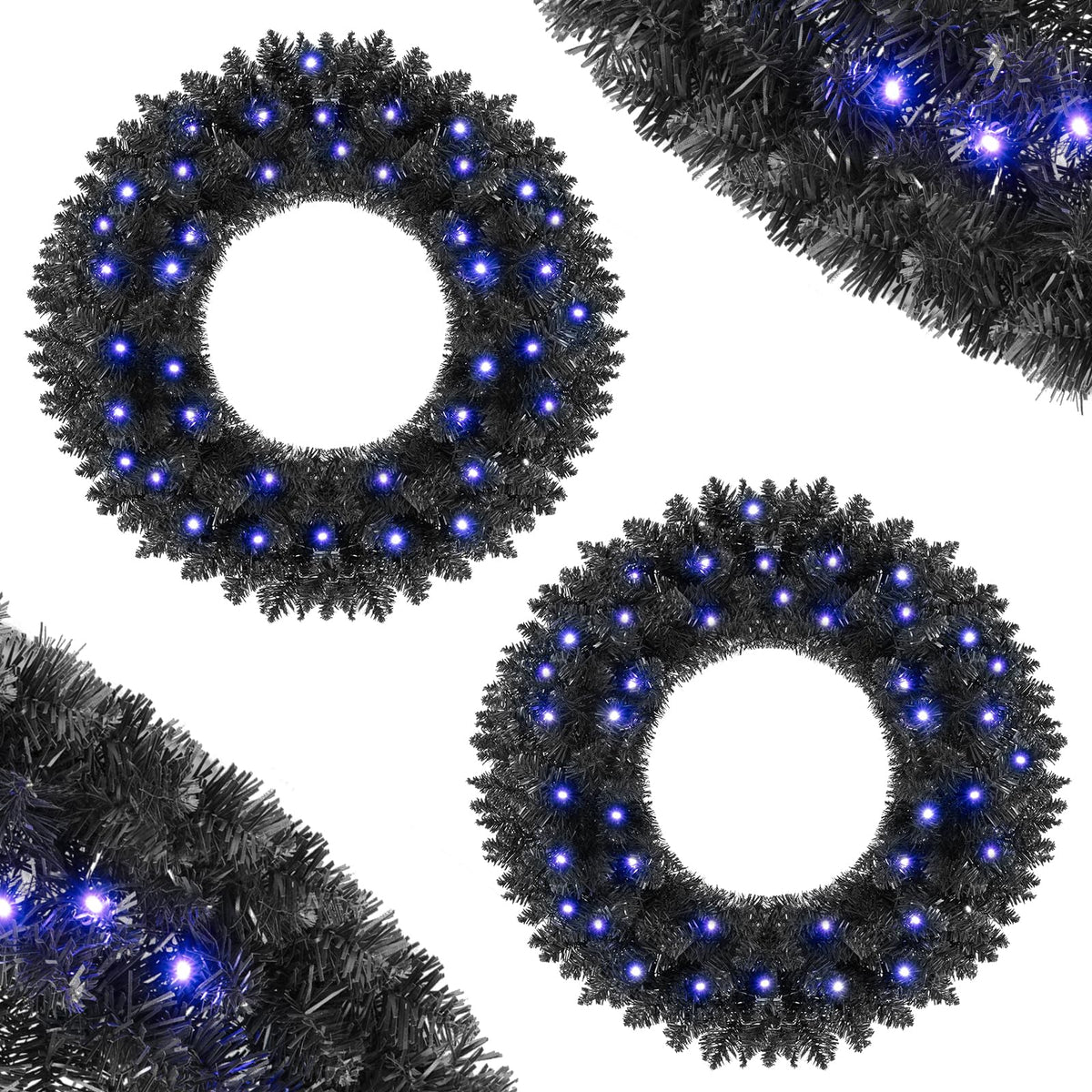 GOFLAME 24” Black Halloween Wreath with 35 Purple LED Lights for Front Door