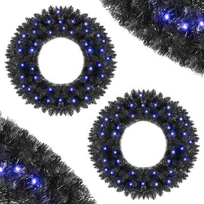 GOFLAME 24” Black Halloween Wreath with 35 Purple LED Lights for Front Door