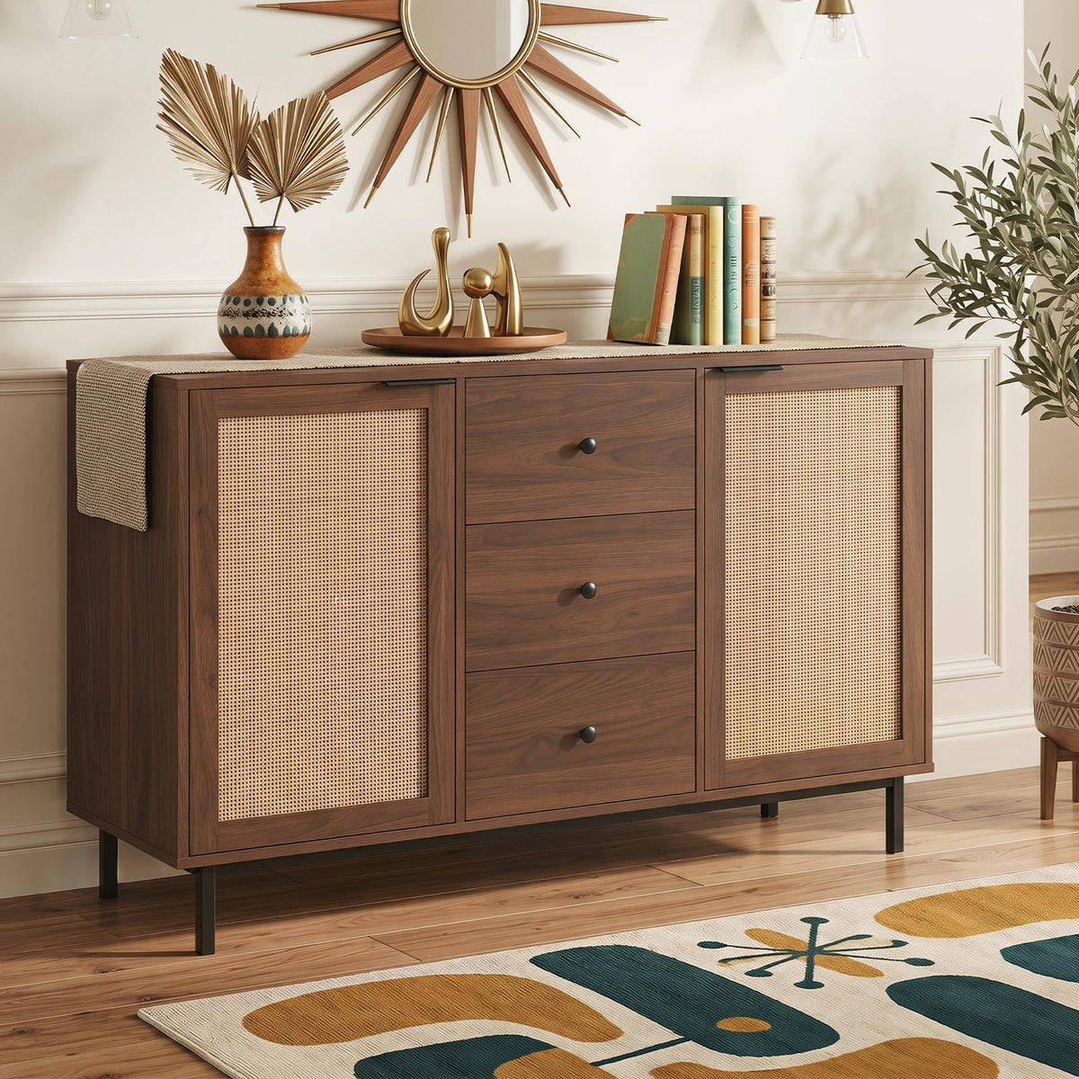 Goflame 47.5 Sideboard Buffet Cabinet with Storage with 2 Rattan Doors and 3 Drawers