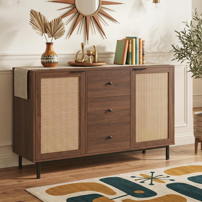 Goflame 47.5 Sideboard Buffet Cabinet with Storage with 2 Rattan Doors and 3 Drawers