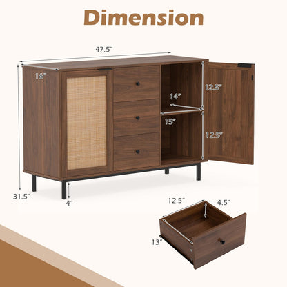 Goflame 47.5 Sideboard Buffet Cabinet with Storage with 2 Rattan Doors and 3 Drawers