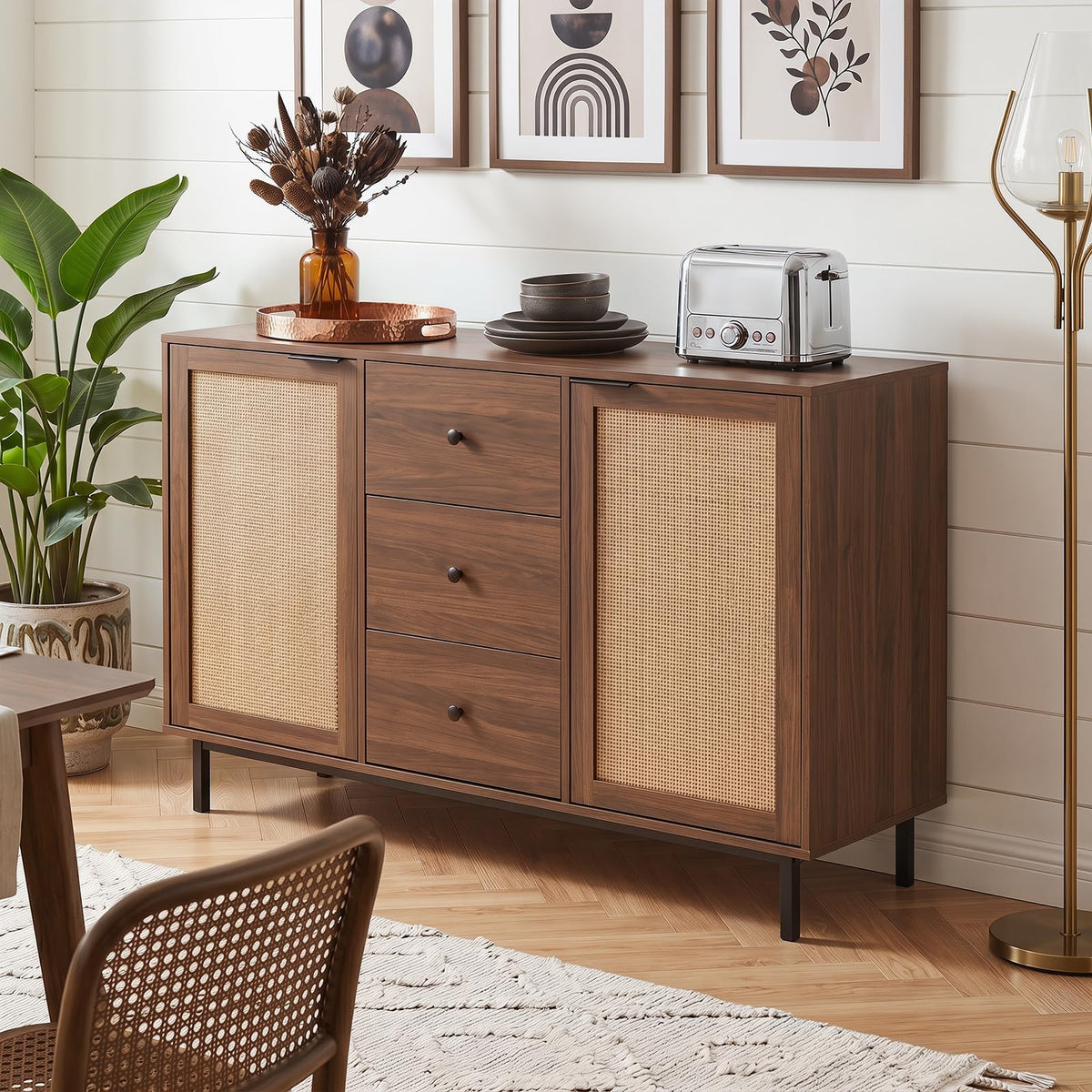 Goflame 47.5 Sideboard Buffet Cabinet with Storage with 2 Rattan Doors and 3 Drawers